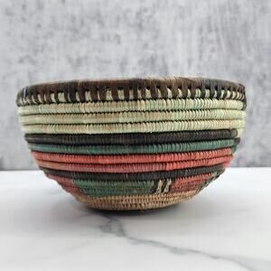 Gorgeous Hand-Woven striped basket bowl made of died grasses aprx. 9 x 5 inches